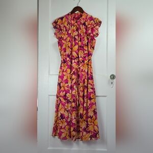 Nina Leonard Bright Pink Floral Tropical Midi Dress XL